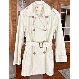 IMAN Leather Trench Coat Jacket Women M Cream Tan Chic Retro Elegant Old World